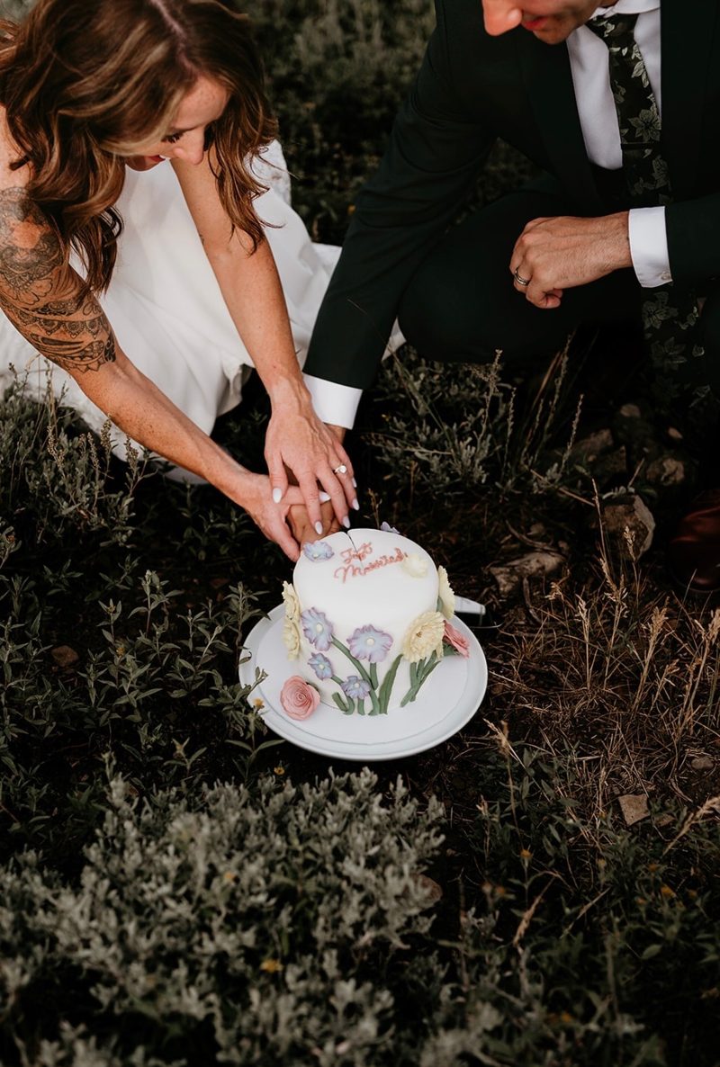 A couple cutting a small white &ldquo;Just Married&rdquo; cake decorated with sugar flowers, outdoors among wild grasses